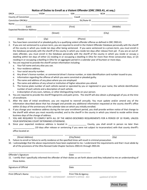 Notice of Duties to Enroll as a Violent Offender (Orc 2903.41, Et Seq.) - Ohio