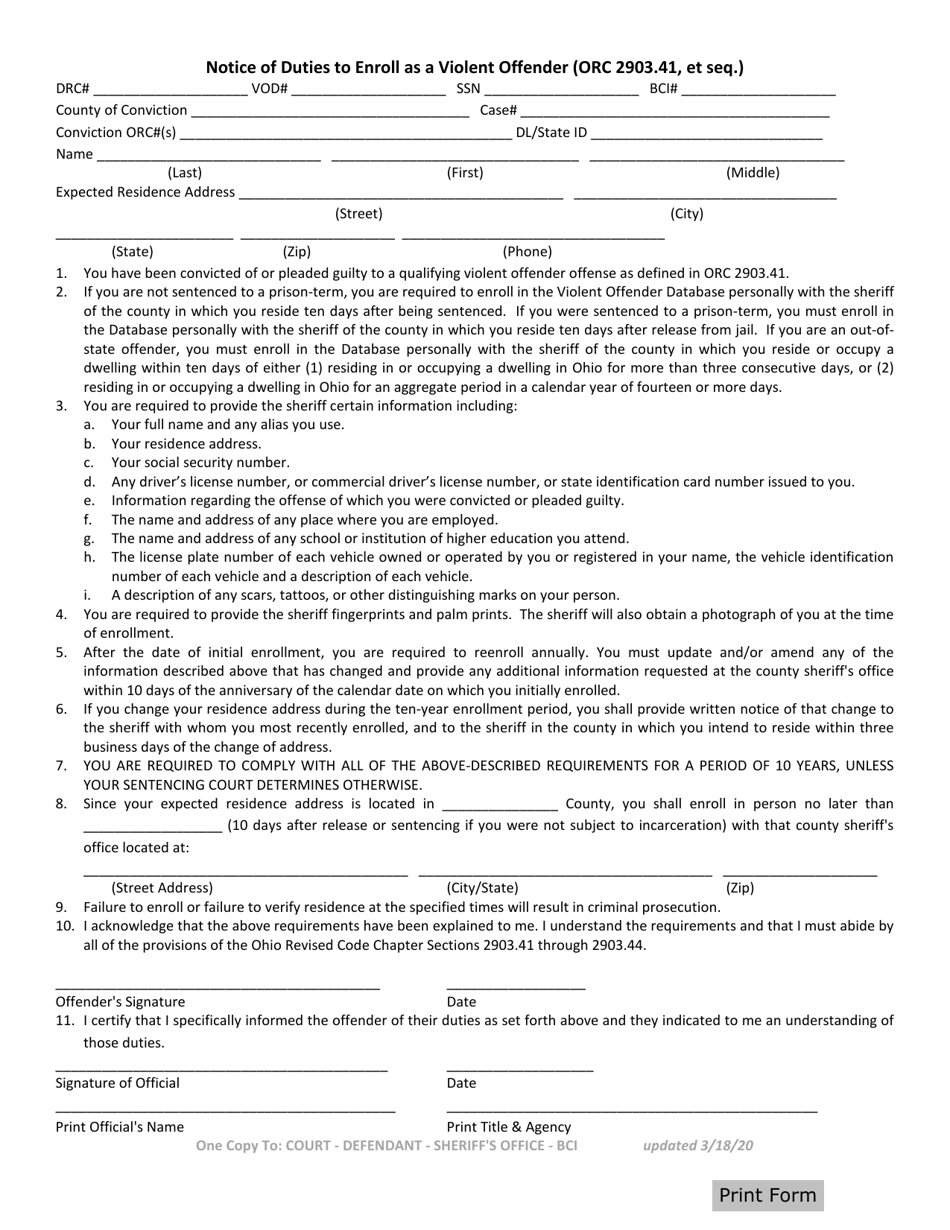 Ohio Notice of Duties to Enroll as a Violent Offender (Orc 2903.41, Et ...