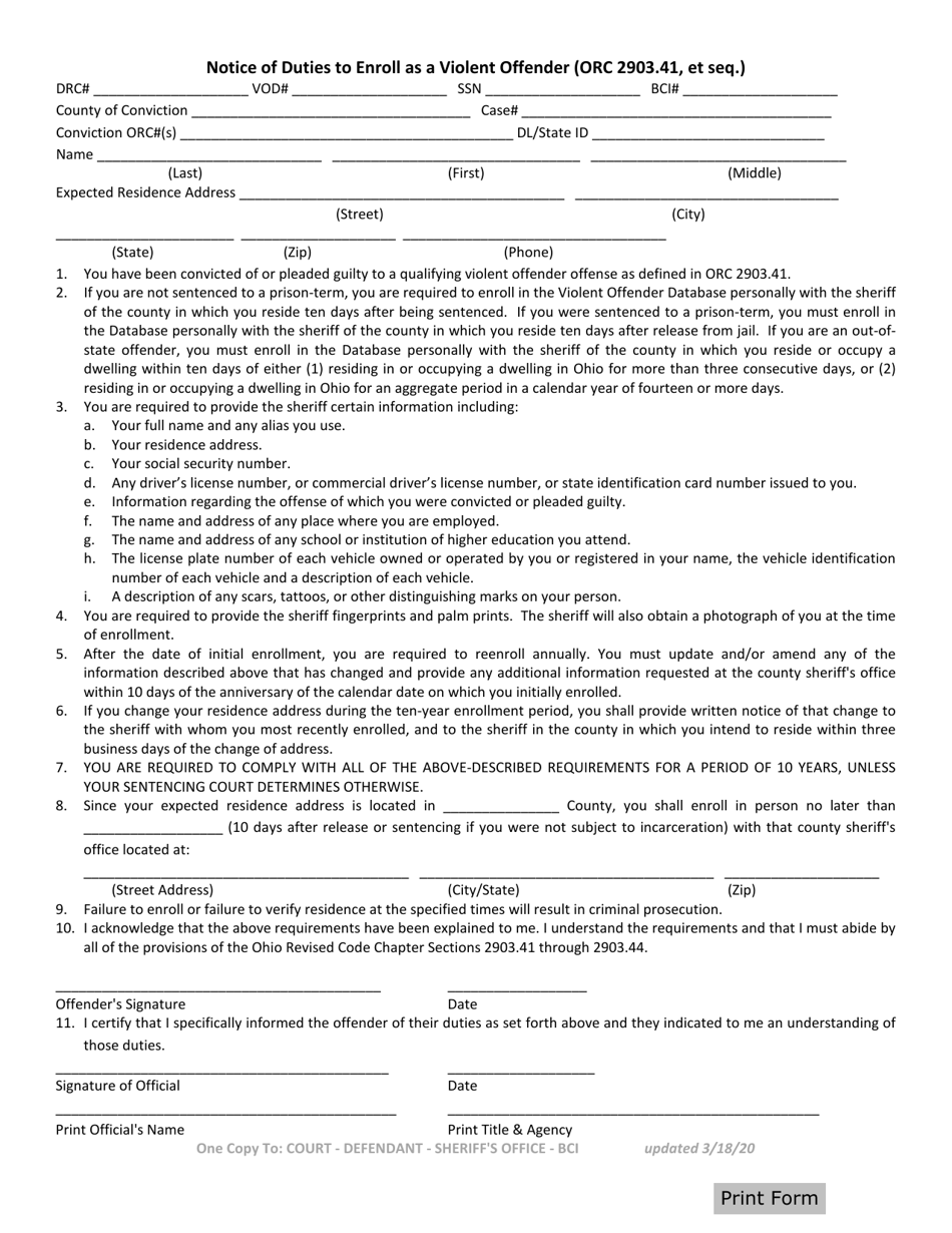 Notice of Duties to Enroll as a Violent Offender (Orc 2903.41, Et Seq.) - Ohio, Page 1