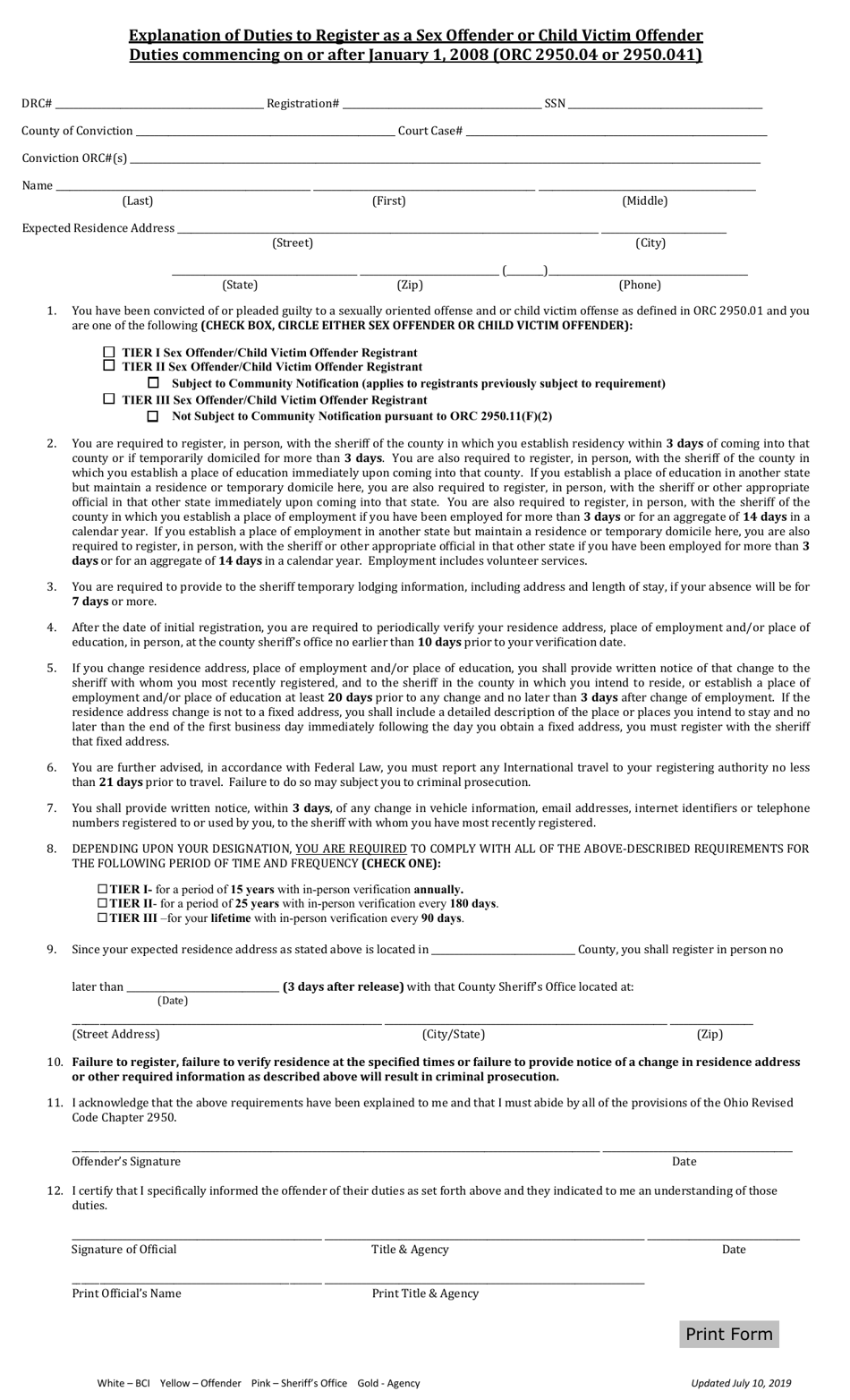Explanation of Duties to Register as a Sex Offender or Child Victim Offender - Ohio, Page 1