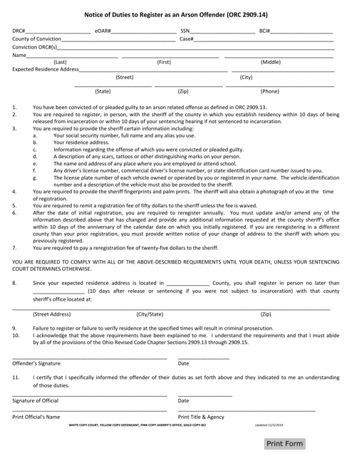 Notice of Duties to Register as an Arson Offender (Orc 2909.14) - Ohio Download Pdf