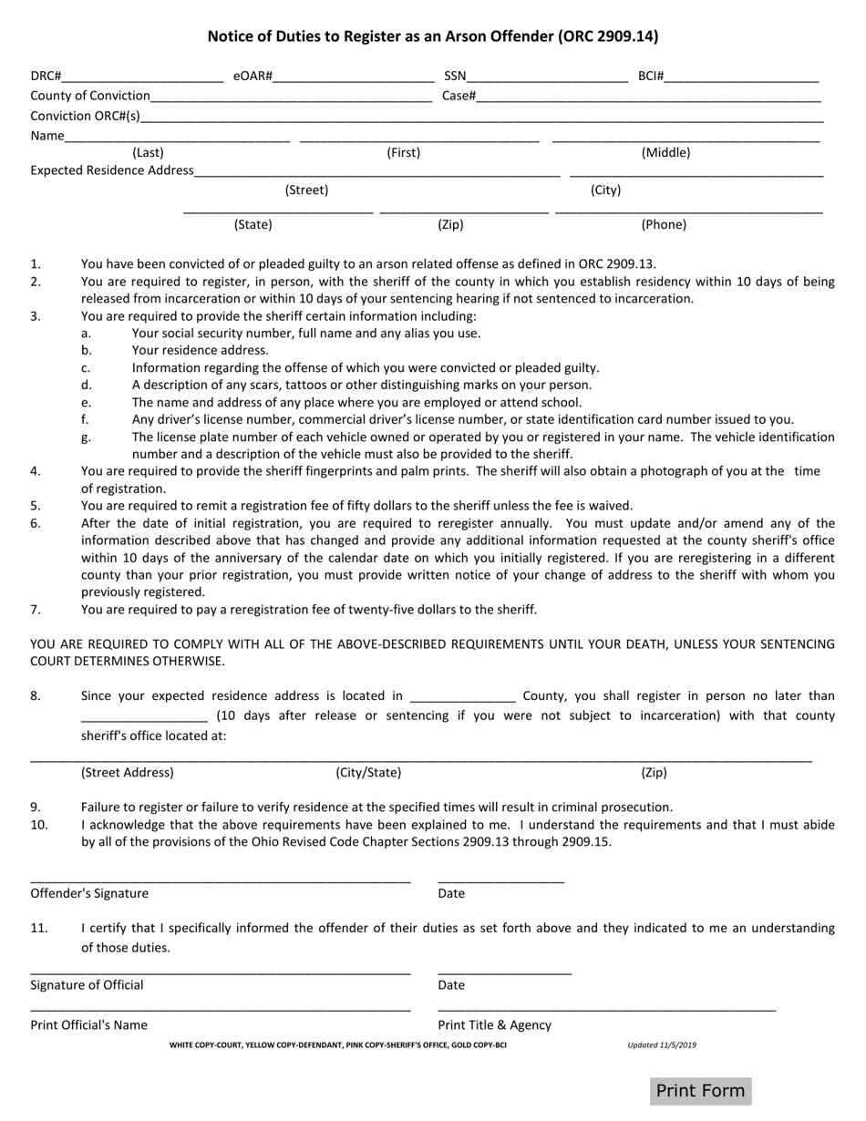 Notice of Duties to Register as an Arson Offender (Orc 2909.14) - Ohio, Page 1