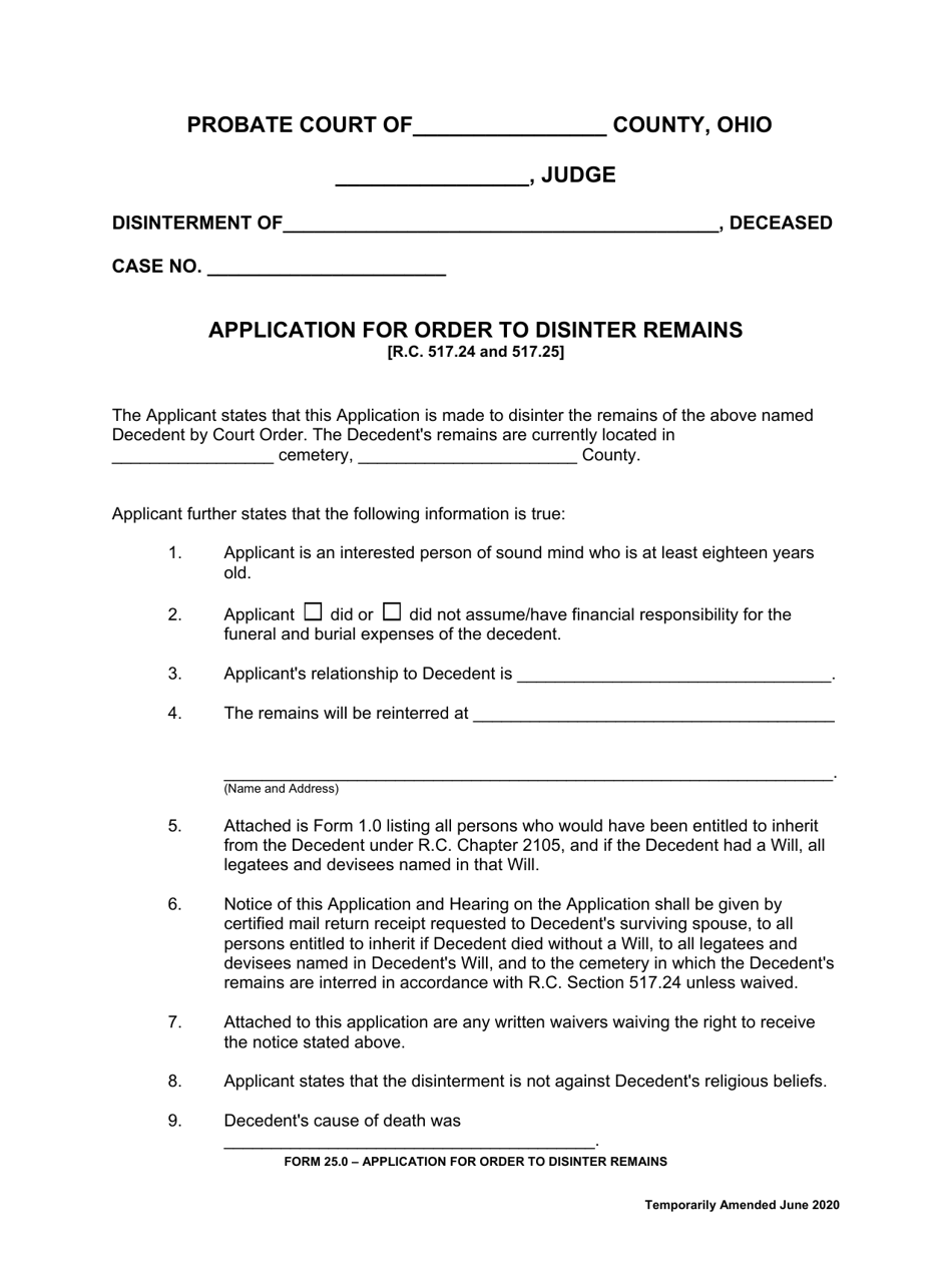 Form 25.0 Application for Order to Disinter Remains - Ohio, Page 1