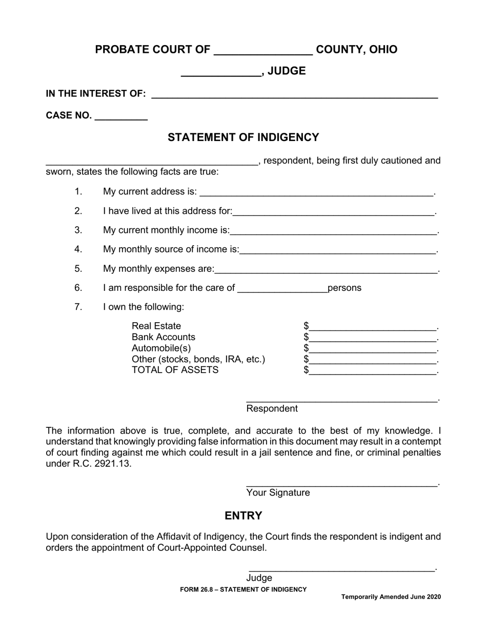Form 26.8 Statement of Indigency - Ohio, Page 1
