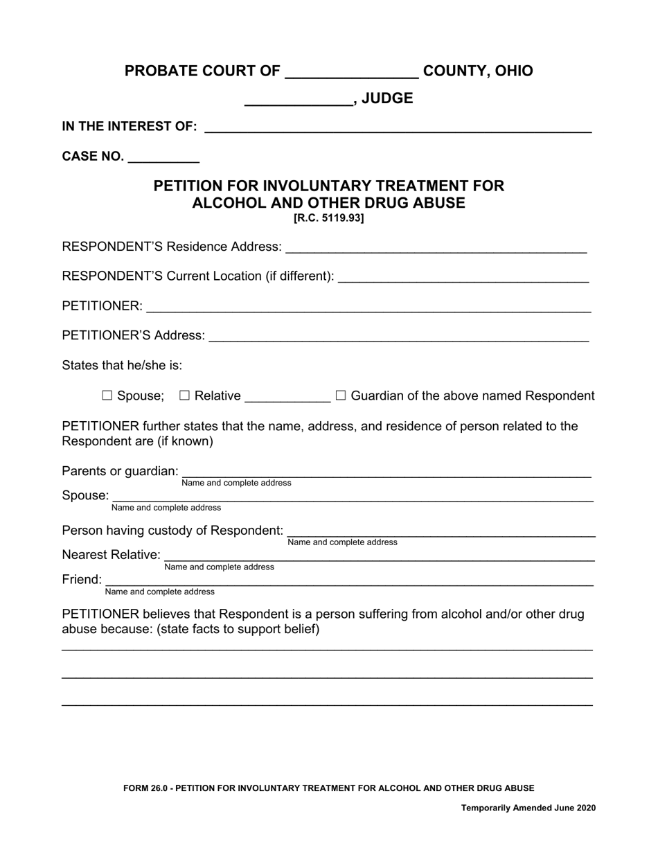 Form 26.0 Petition for Involuntary Treatment for Alcohol and Other Drug Abuse - Ohio, Page 1