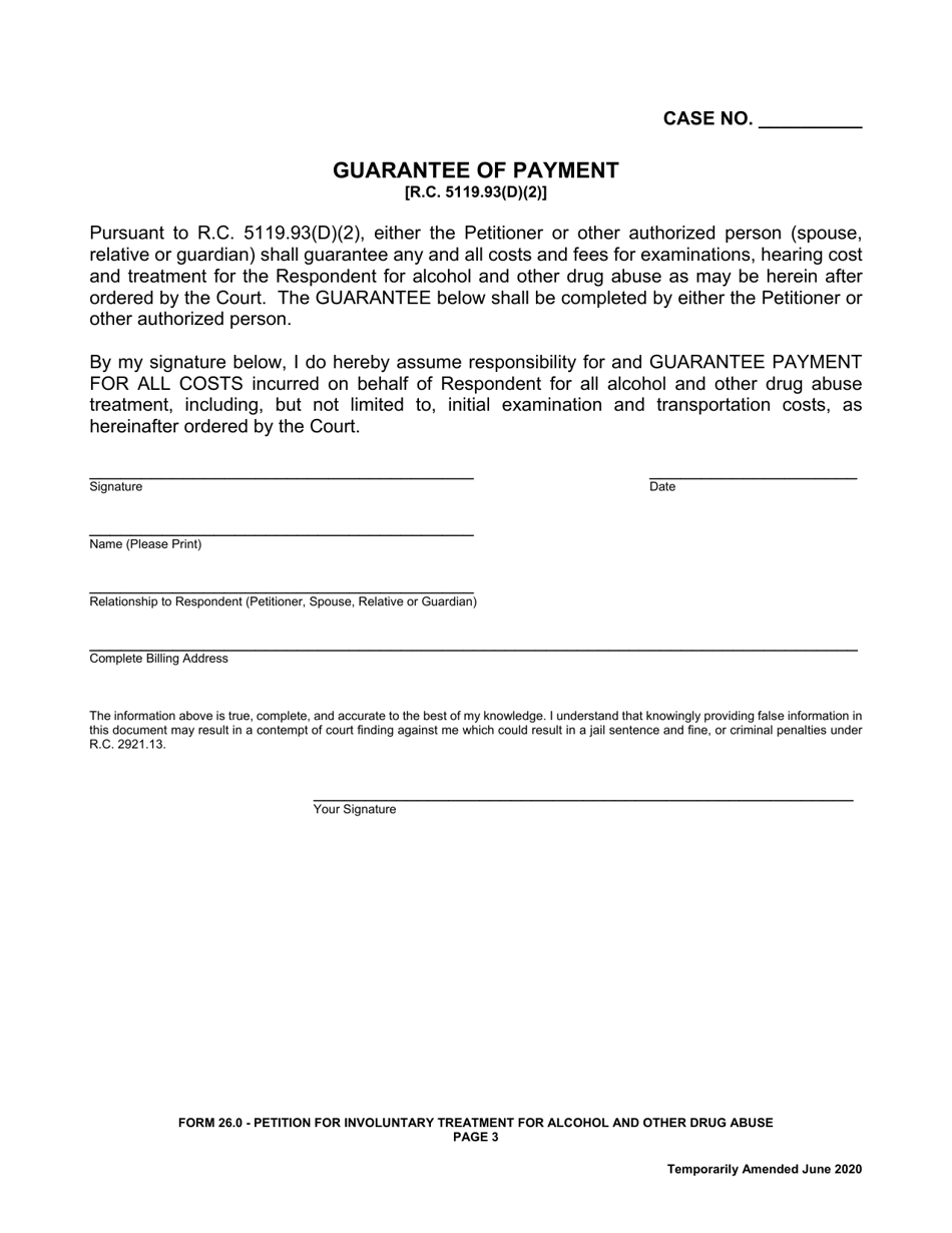 Form 26.0 Petition for Involuntary Treatment for Alcohol and Other Drug Abuse - Ohio, Page 3