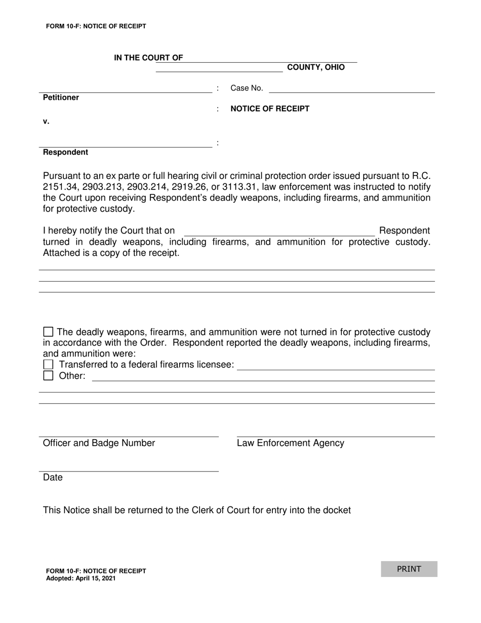 Form 10-F Notice of Receipt - Ohio, Page 1