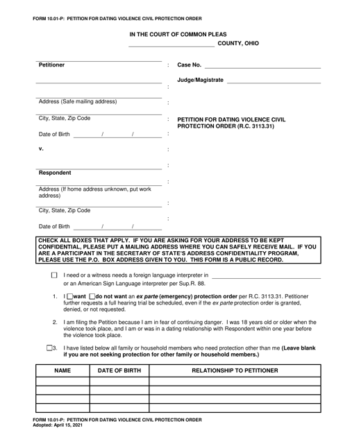 Form 10.01-P Petition for Dating Violence Civil Protection Order - Ohio