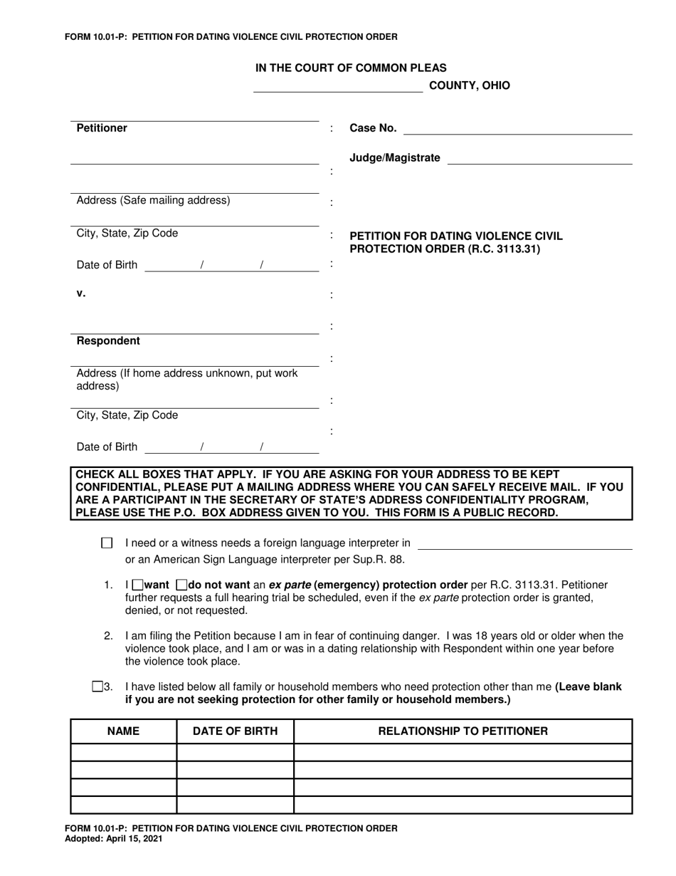 Form 10.01-P Petition for Dating Violence Civil Protection Order - Ohio, Page 1