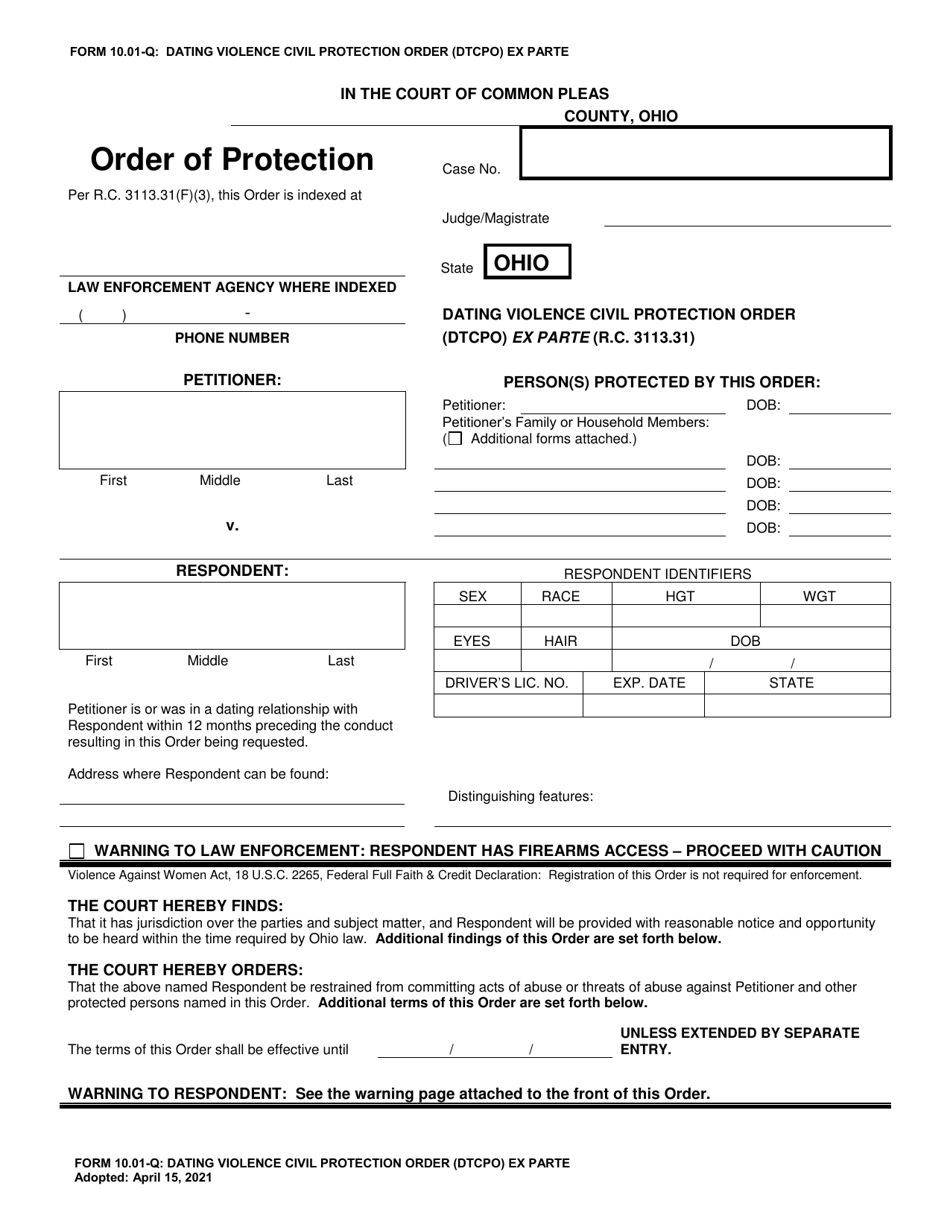 Form 10.01-Q Dating Violence Civil Protection Order (Dtcpo) Ex Parte - Ohio, Page 1