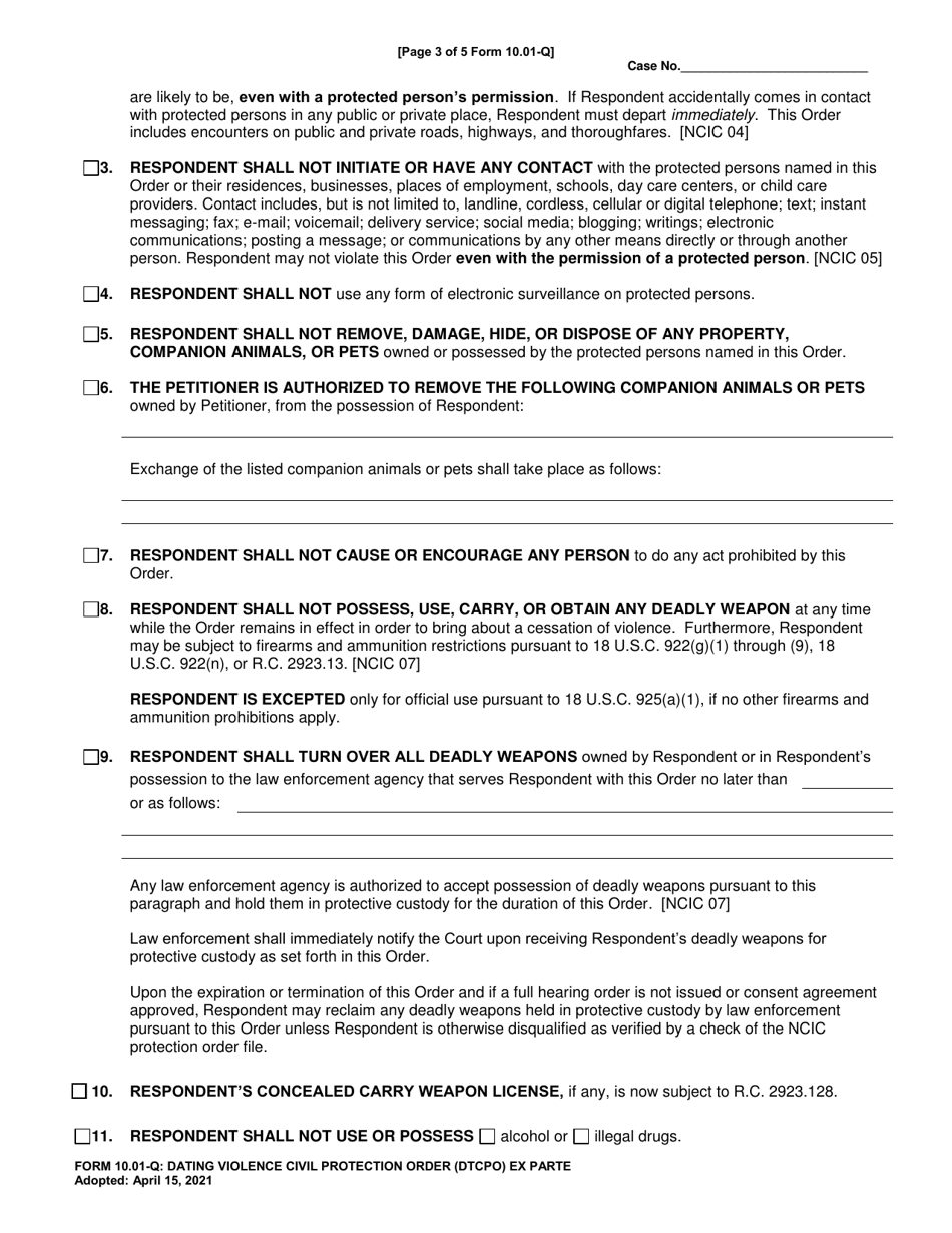 Form 10.01-Q Dating Violence Civil Protection Order (Dtcpo) Ex Parte - Ohio, Page 3