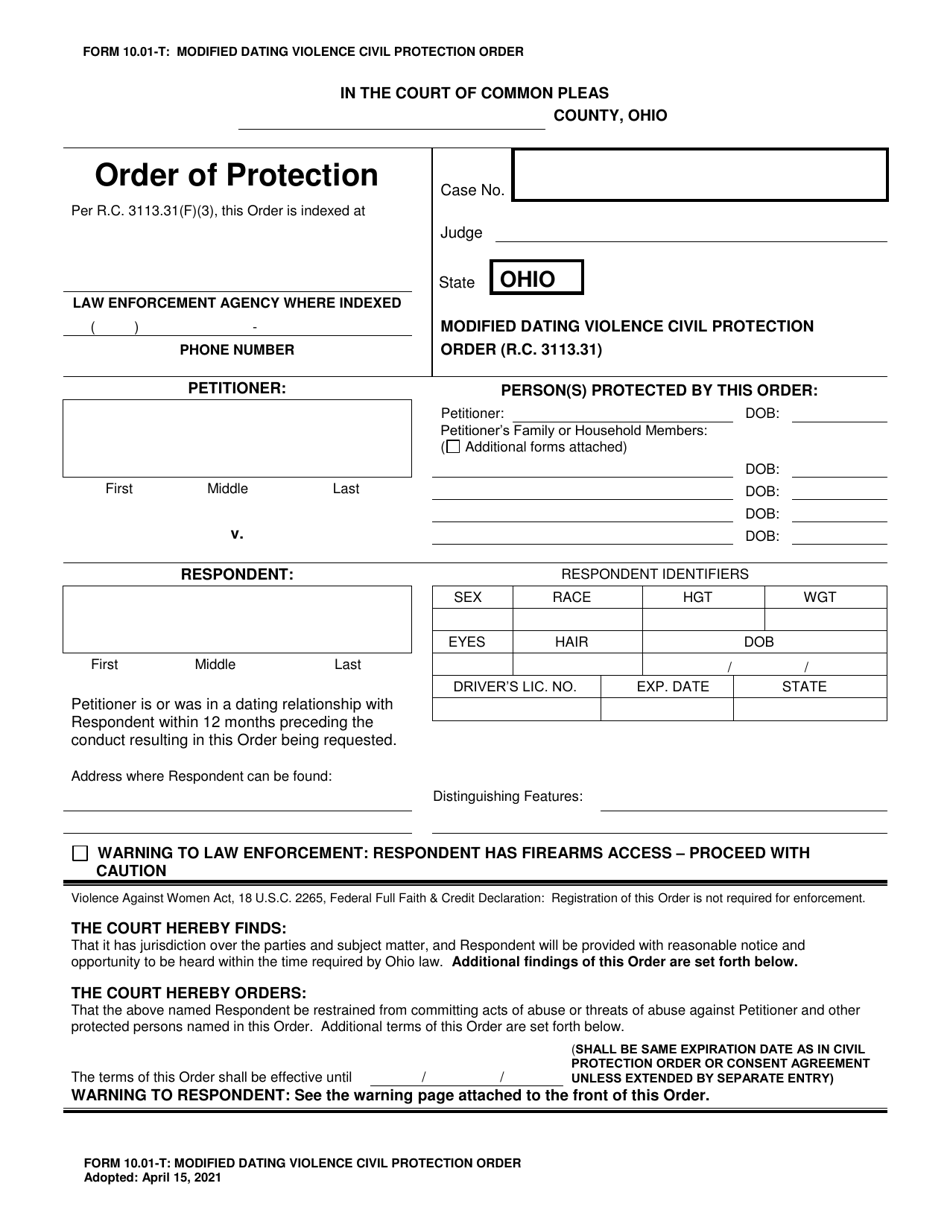 Form 10.01-T Modified Dating Violence Civil Protection Order - Ohio, Page 1