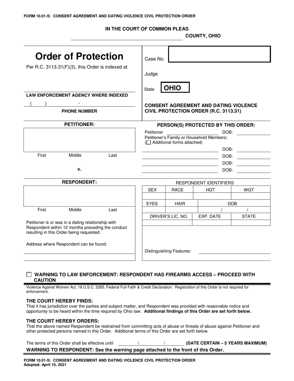 Form 10.01-S Consent Agreement and Dating Violence Civil Protection Order - Ohio, Page 1