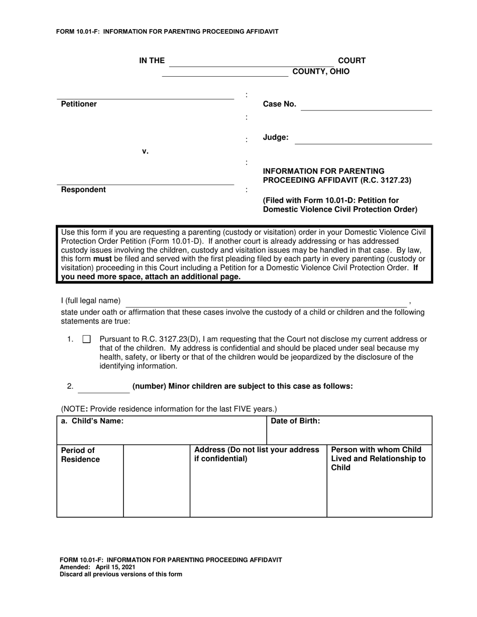 Form 10.01-F Information for Parenting Proceeding Affidavit - Ohio, Page 1