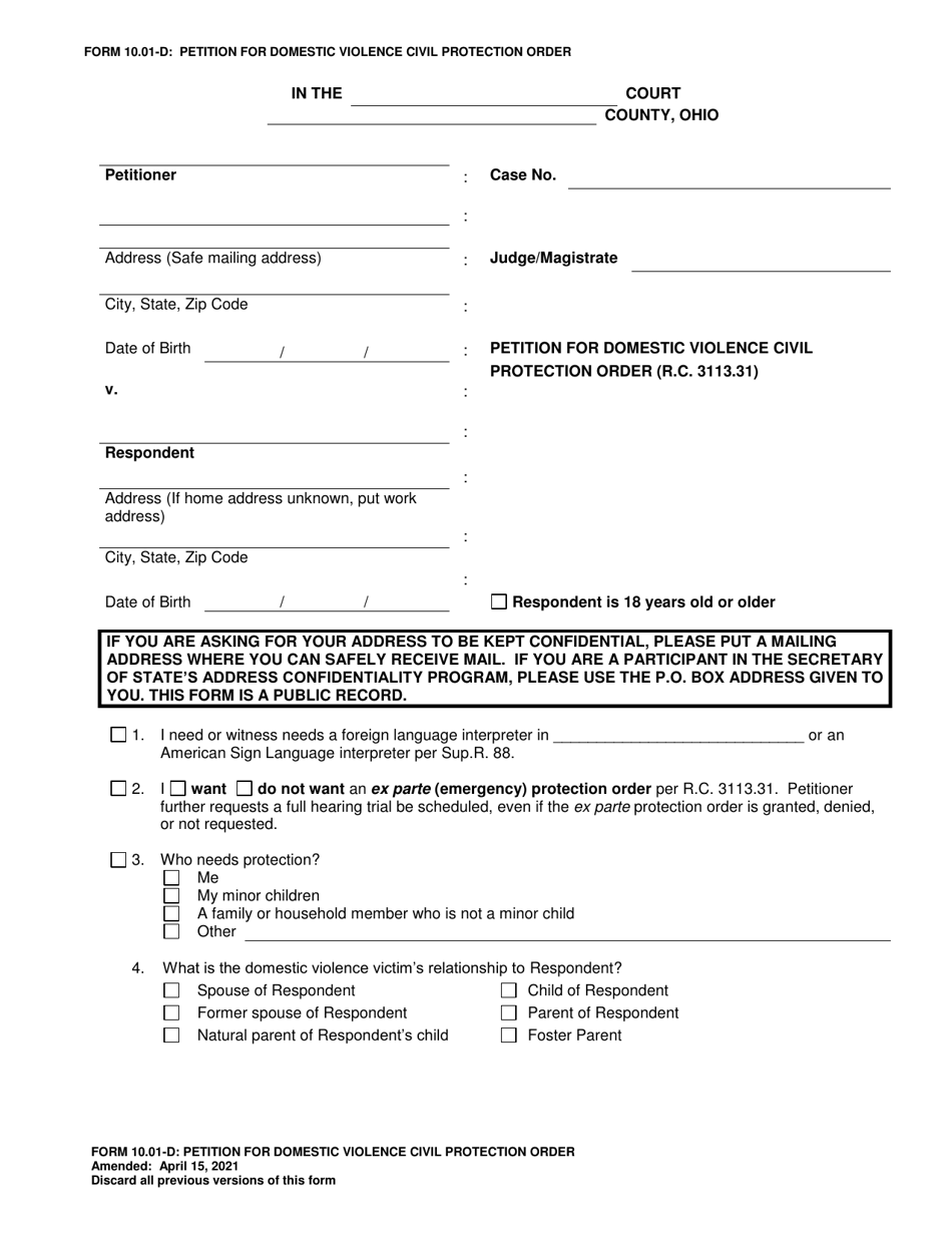 Form 10.01-D Petition for Domestic Violence Civil Protection Order - Ohio, Page 1