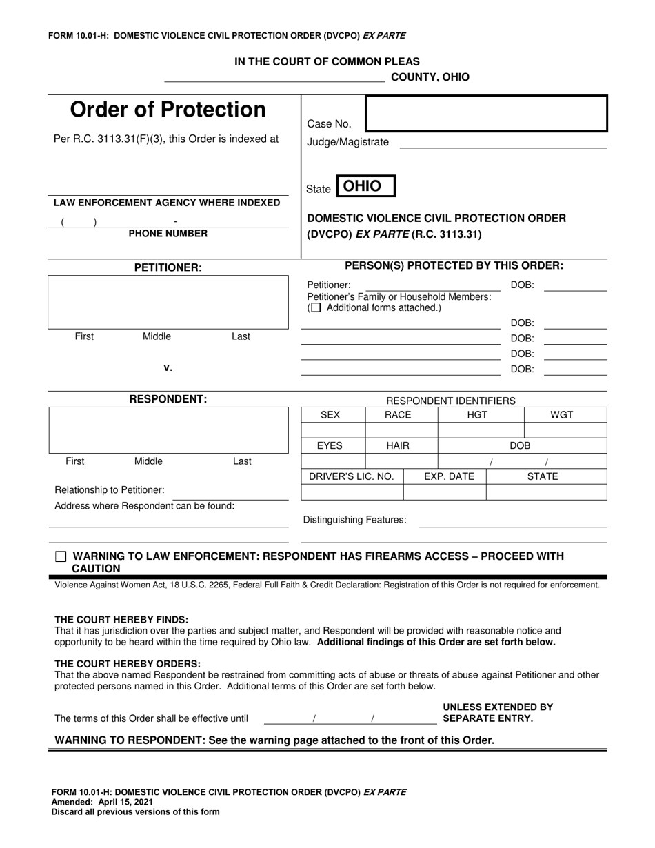 Form 10.01-H Domestic Violence Civil Protection Order (Dvcpo) Ex Parte - Ohio, Page 1