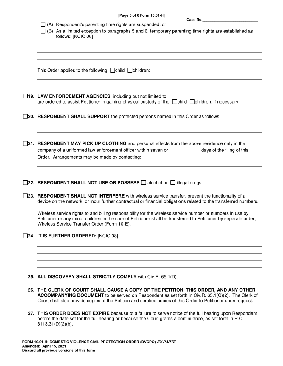 Form 10.01-H Domestic Violence Civil Protection Order (Dvcpo) Ex Parte - Ohio, Page 5