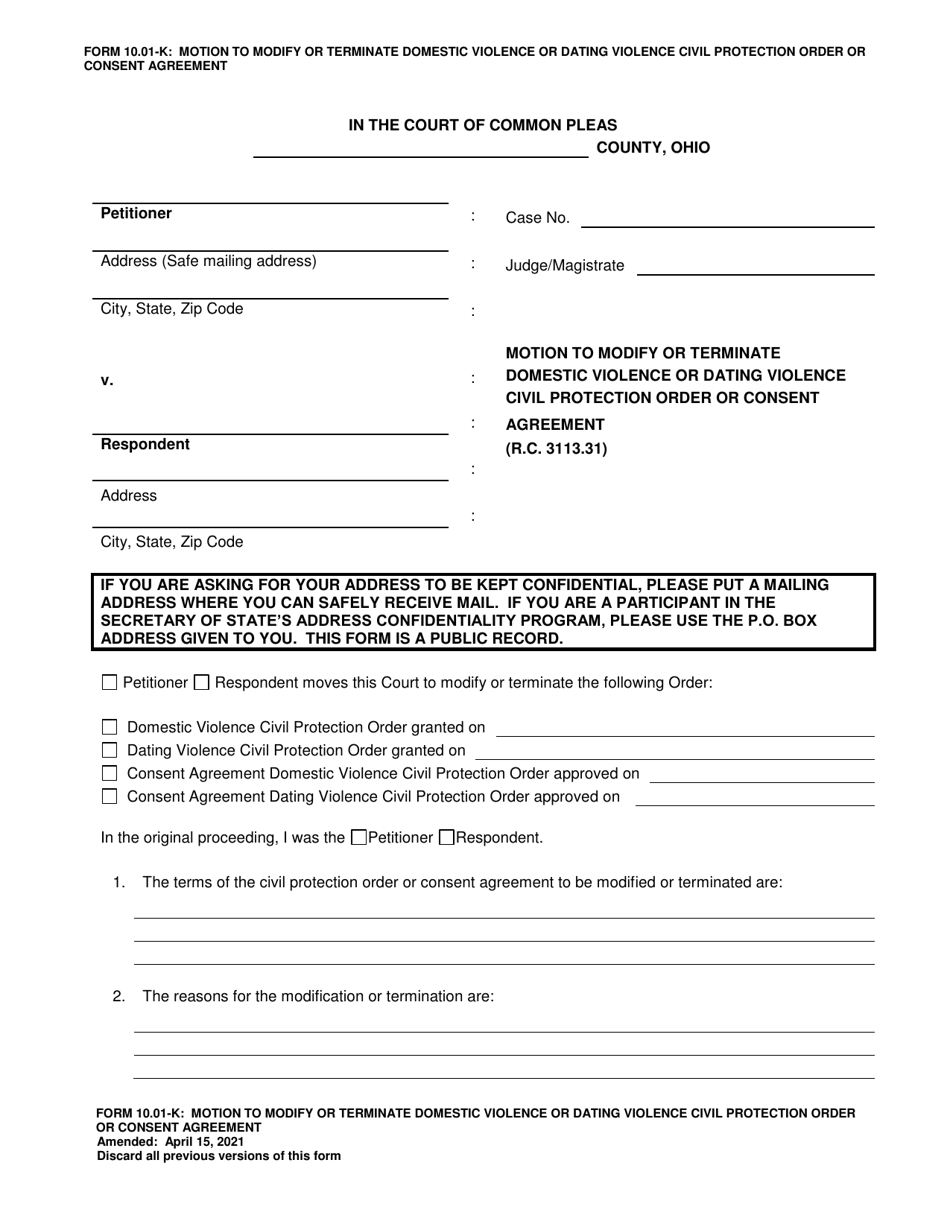 Form 10.01-K Motion to Modify or Terminate Domestic Violence or Dating Violence Civil Protection Order or Consent Agreement - Ohio, Page 1