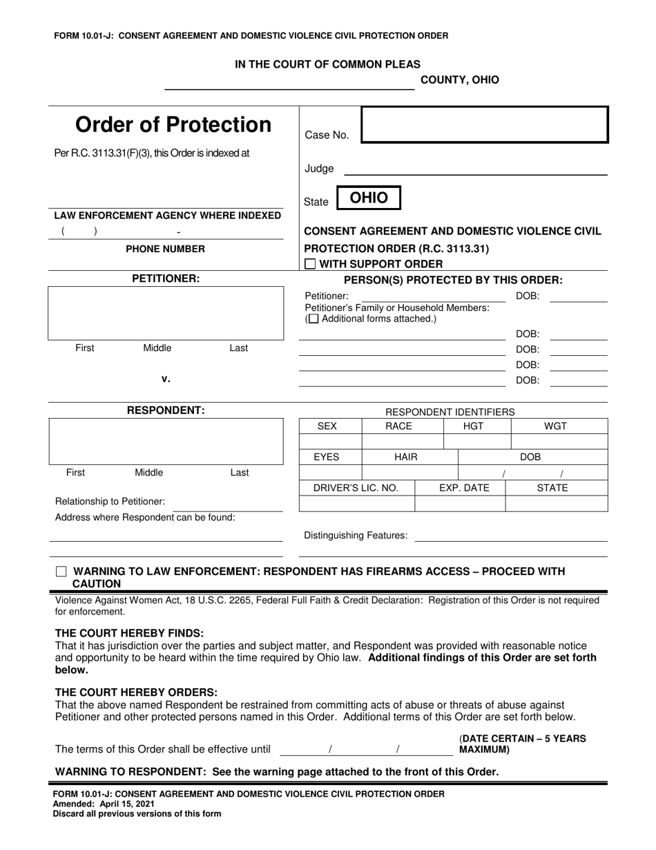 Form 10.01-J Consent Agreement and Domestic Violence Civil Protection Order - Ohio, Page 1