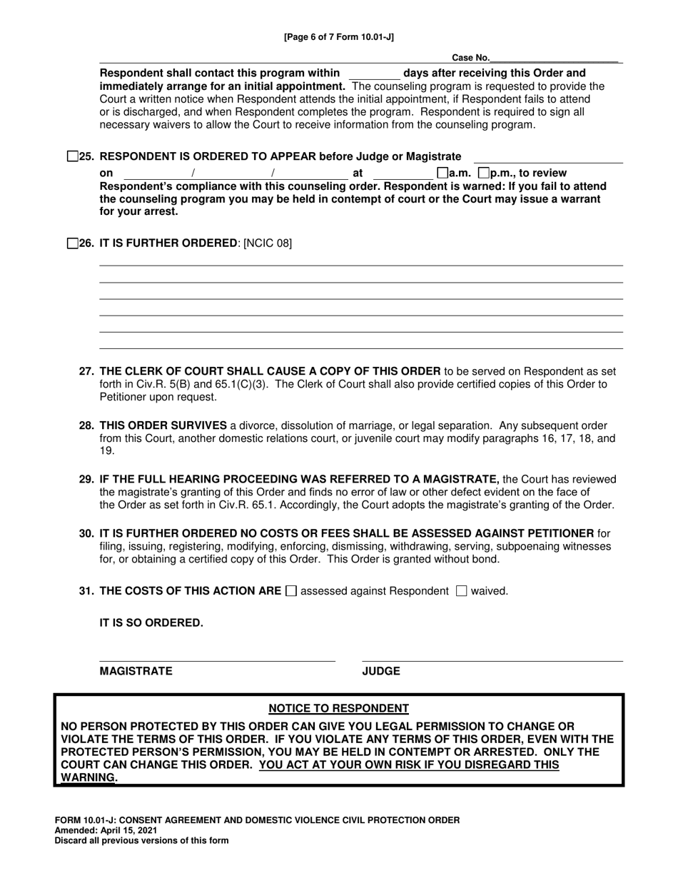 Form 10.01-J Consent Agreement and Domestic Violence Civil Protection Order - Ohio, Page 6