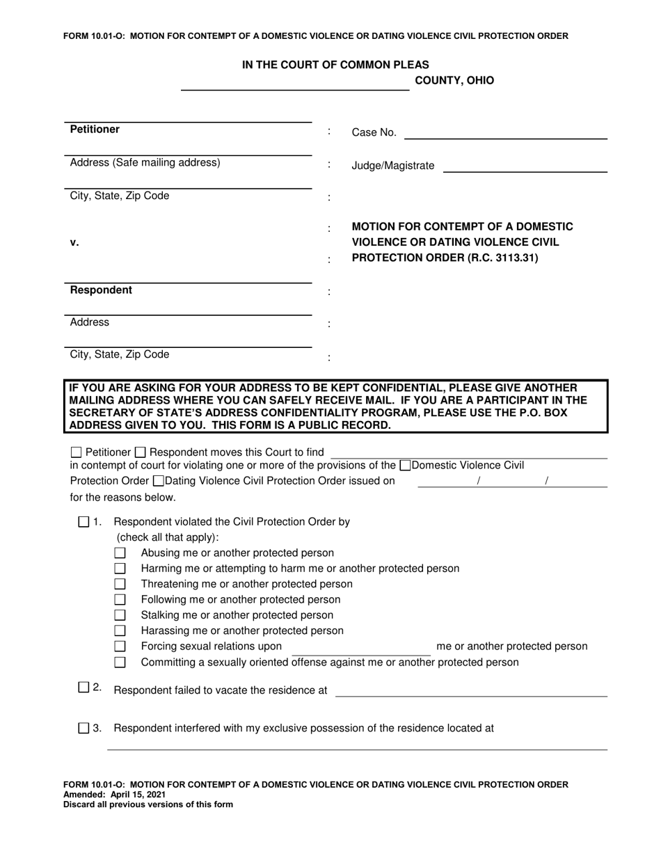 Form 10.01-O Motion for Contempt of a Domestic Violence or Dating Violence Civil Protection Order - Ohio, Page 1