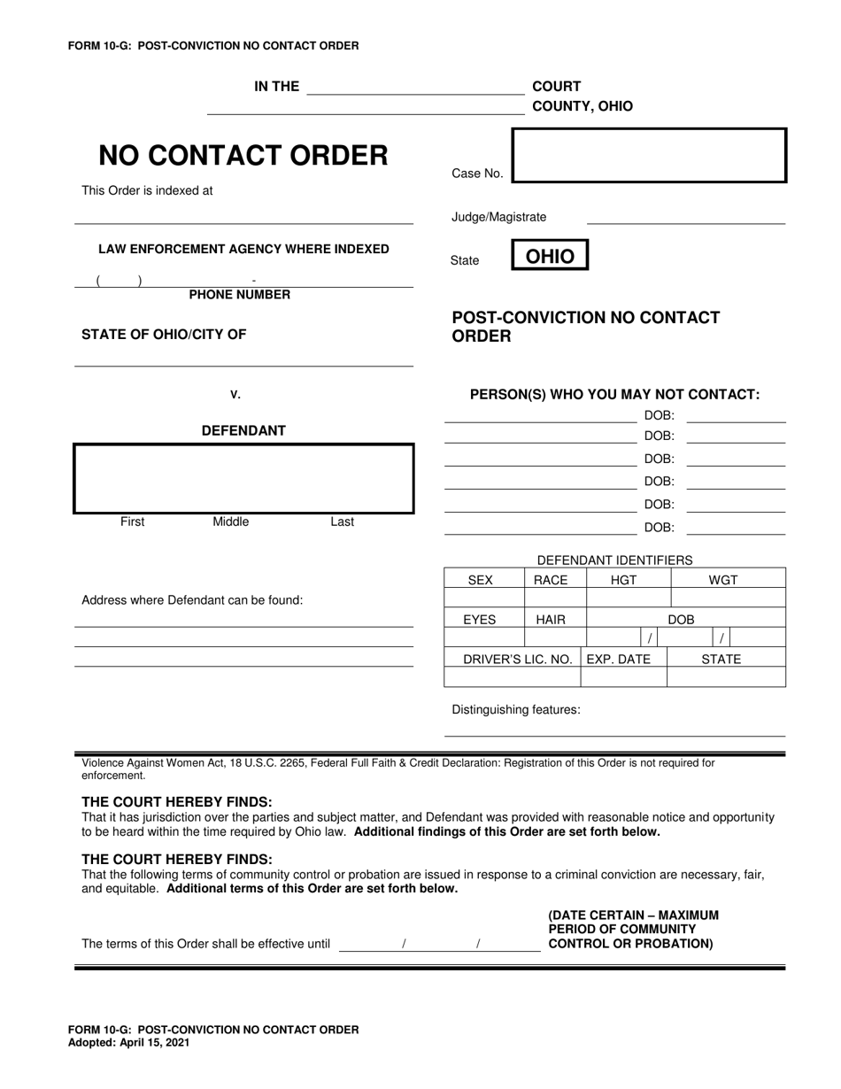 Form 10-G Post-conviction No Contact Order - Ohio, Page 1