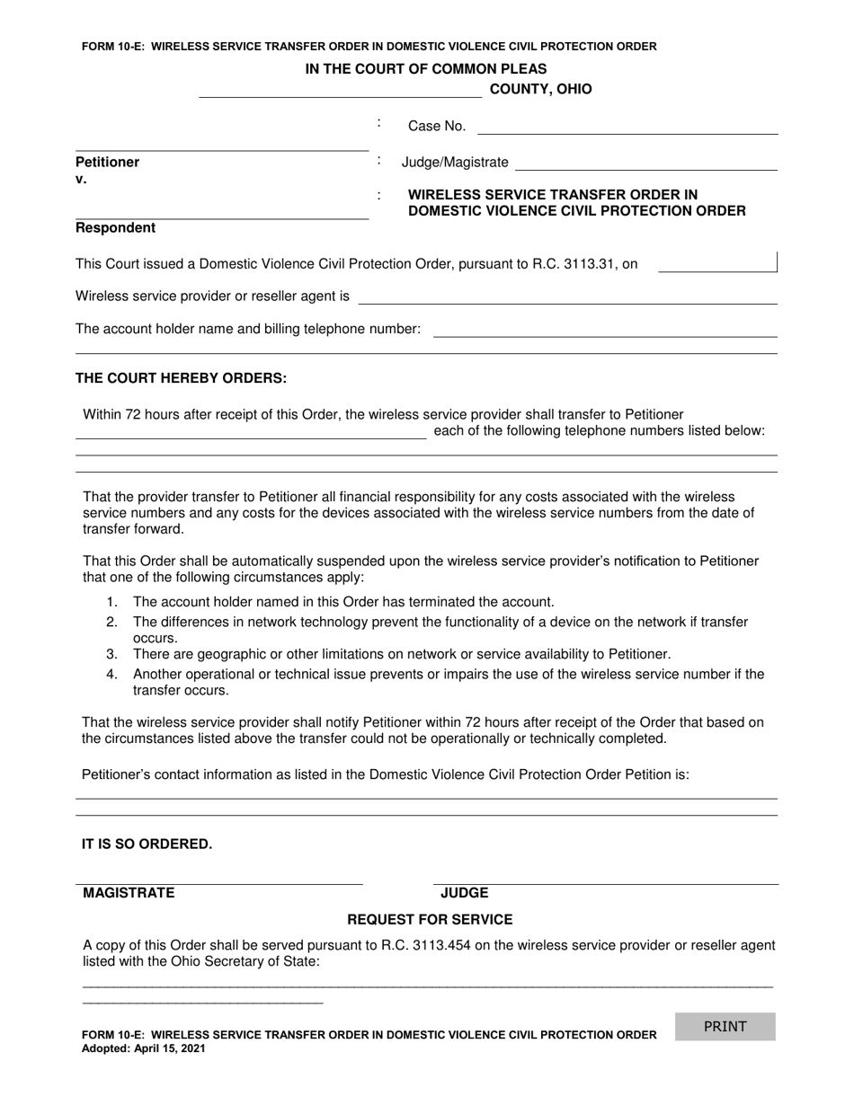 Form 10-E Wireless Service Transfer Order in Domestic Violence Civil Protection Order - Ohio, Page 1