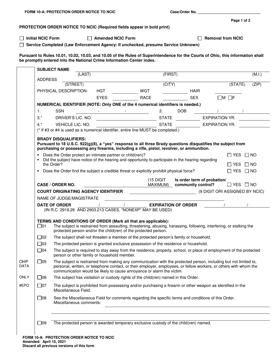 Form 10-A Protection Order Notice to Ncic - Ohio, Page 1