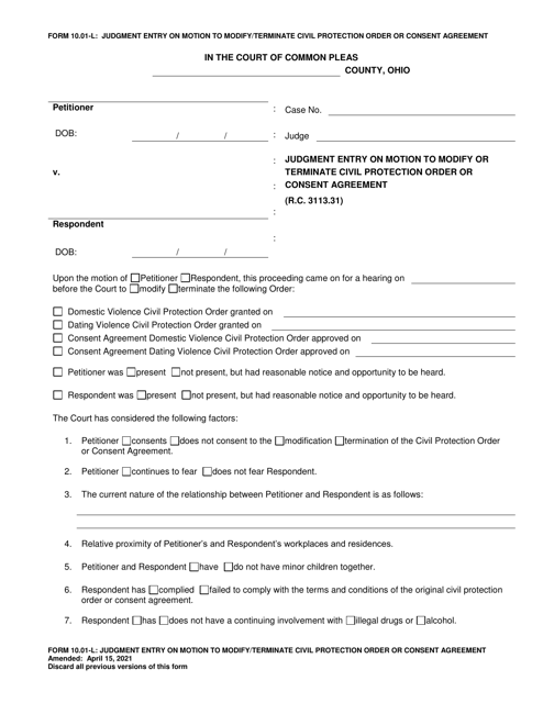 Document preview: Form 10.01-L Judgment Entry on Motion to Modify/Terminate Civil Protection Order or Consent Agreement - Ohio