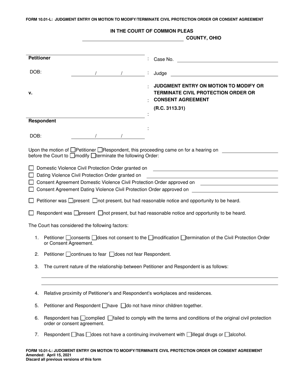 Form 10.01-L Judgment Entry on Motion to Modify / Terminate Civil Protection Order or Consent Agreement - Ohio, Page 1