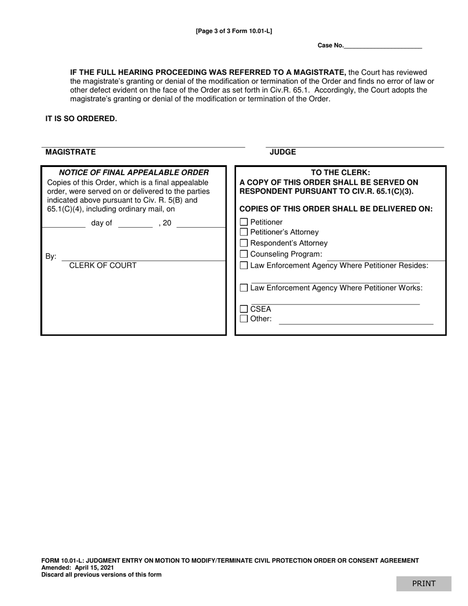 Form 10.01-L Judgment Entry on Motion to Modify / Terminate Civil Protection Order or Consent Agreement - Ohio, Page 3