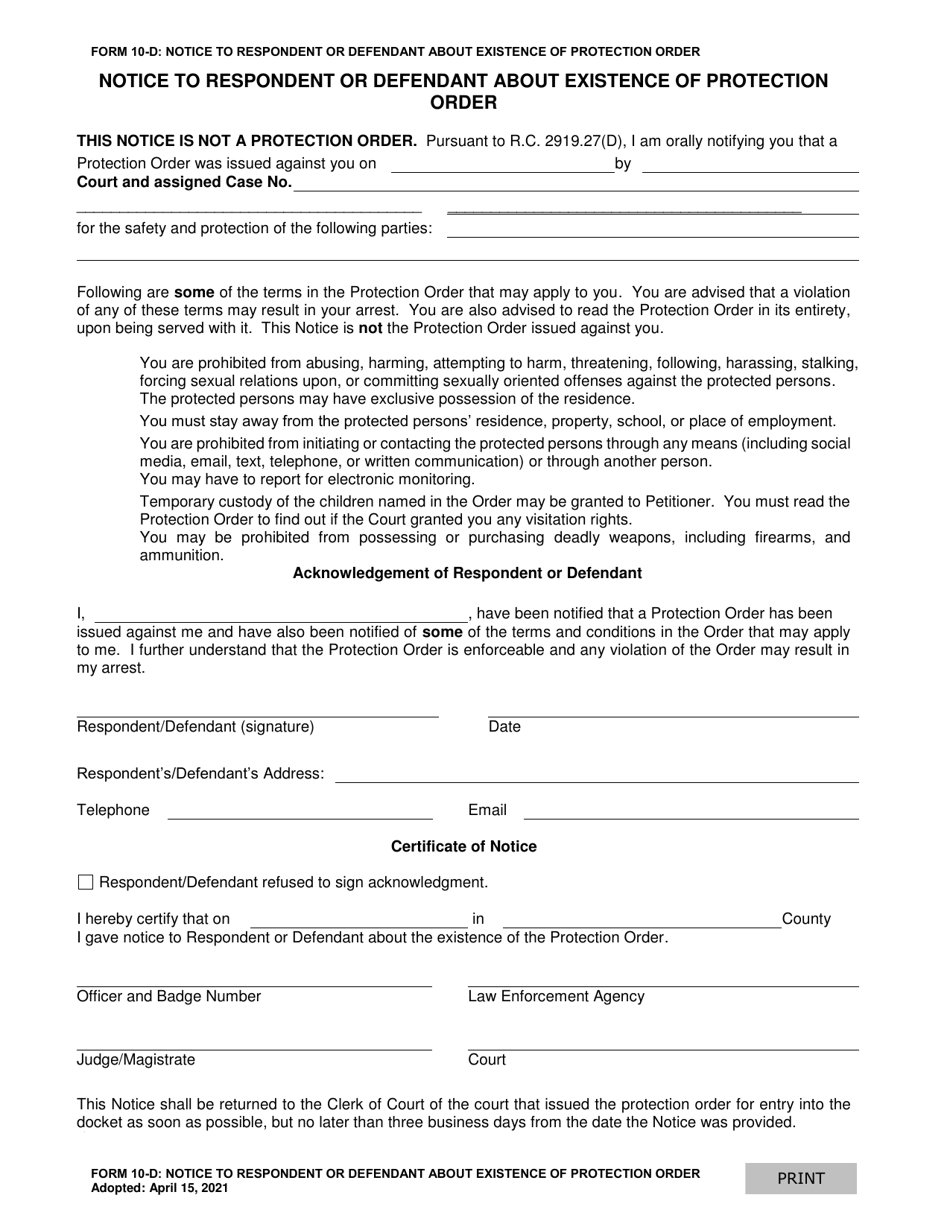 Form 10-D Notice to Respondent or Defendant About Existence of Protection Order - Ohio, Page 1