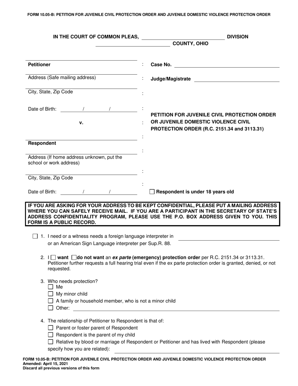Form 10.05-B Petition for Juvenile Civil Protection Order and Juvenile Domestic Violence Protection Order - Ohio, Page 1