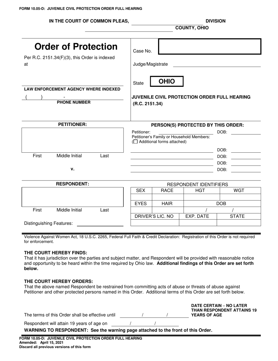 Form 10.05-D Juvenile Civil Protection Order Full Hearing - Ohio, Page 1