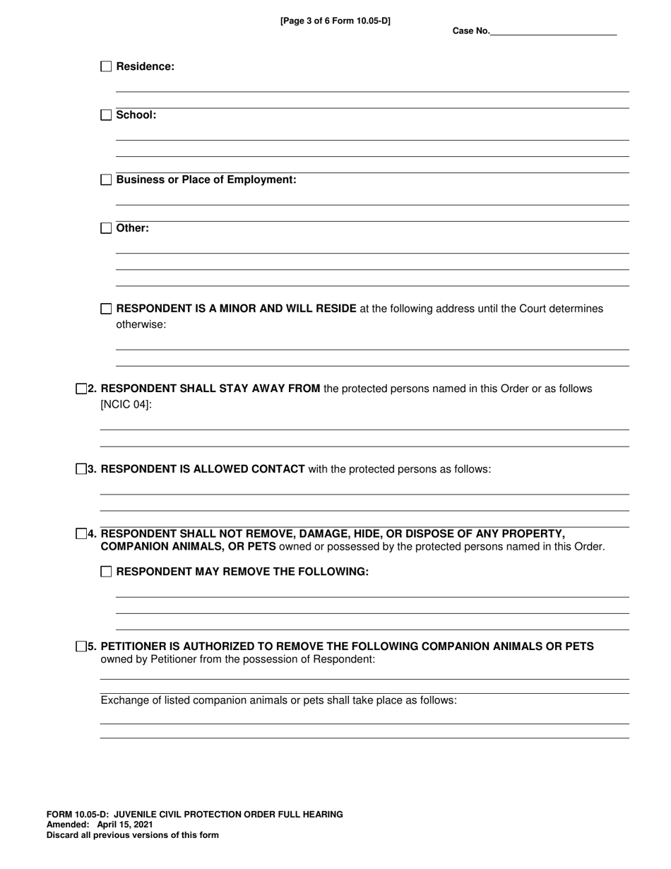 Form 10.05-D Juvenile Civil Protection Order Full Hearing - Ohio, Page 3