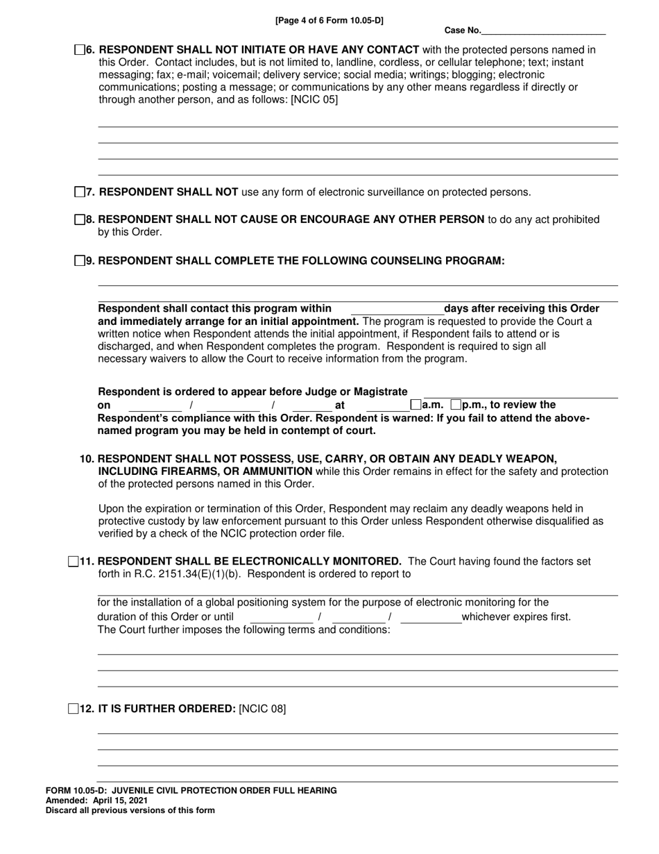 Form 10.05-D Juvenile Civil Protection Order Full Hearing - Ohio, Page 4