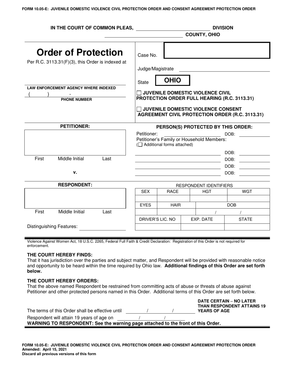 Form 10.05-E Juvenile Domestic Violence Civil Protection Order and Consent Agreement Protection Order - Ohio, Page 1