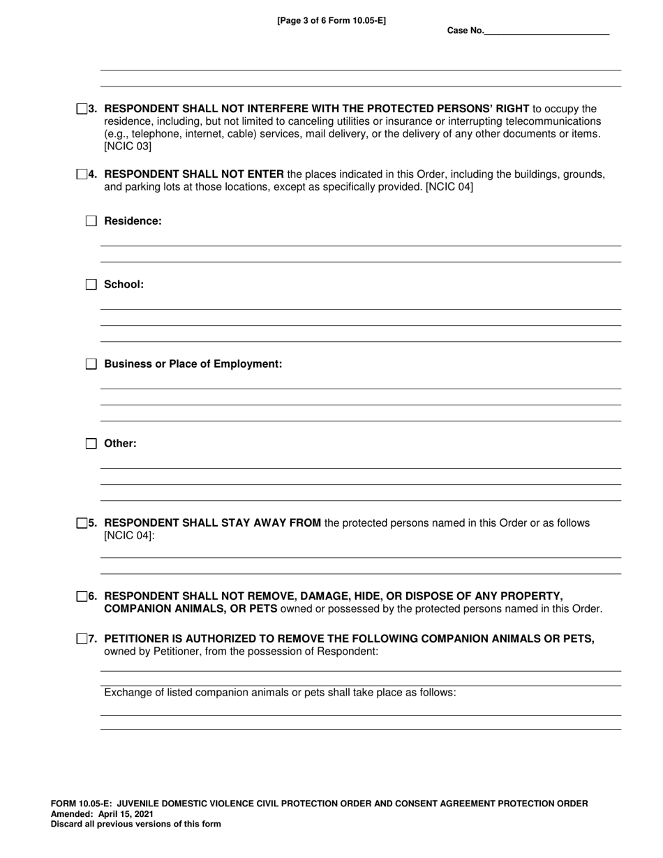 Form 10.05-E Juvenile Domestic Violence Civil Protection Order and Consent Agreement Protection Order - Ohio, Page 3