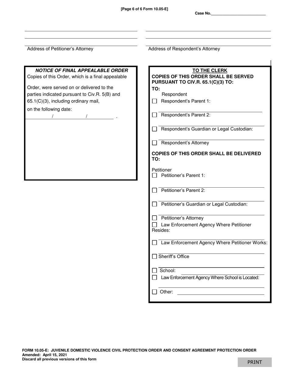 Form 10.05-E Juvenile Domestic Violence Civil Protection Order and Consent Agreement Protection Order - Ohio, Page 6