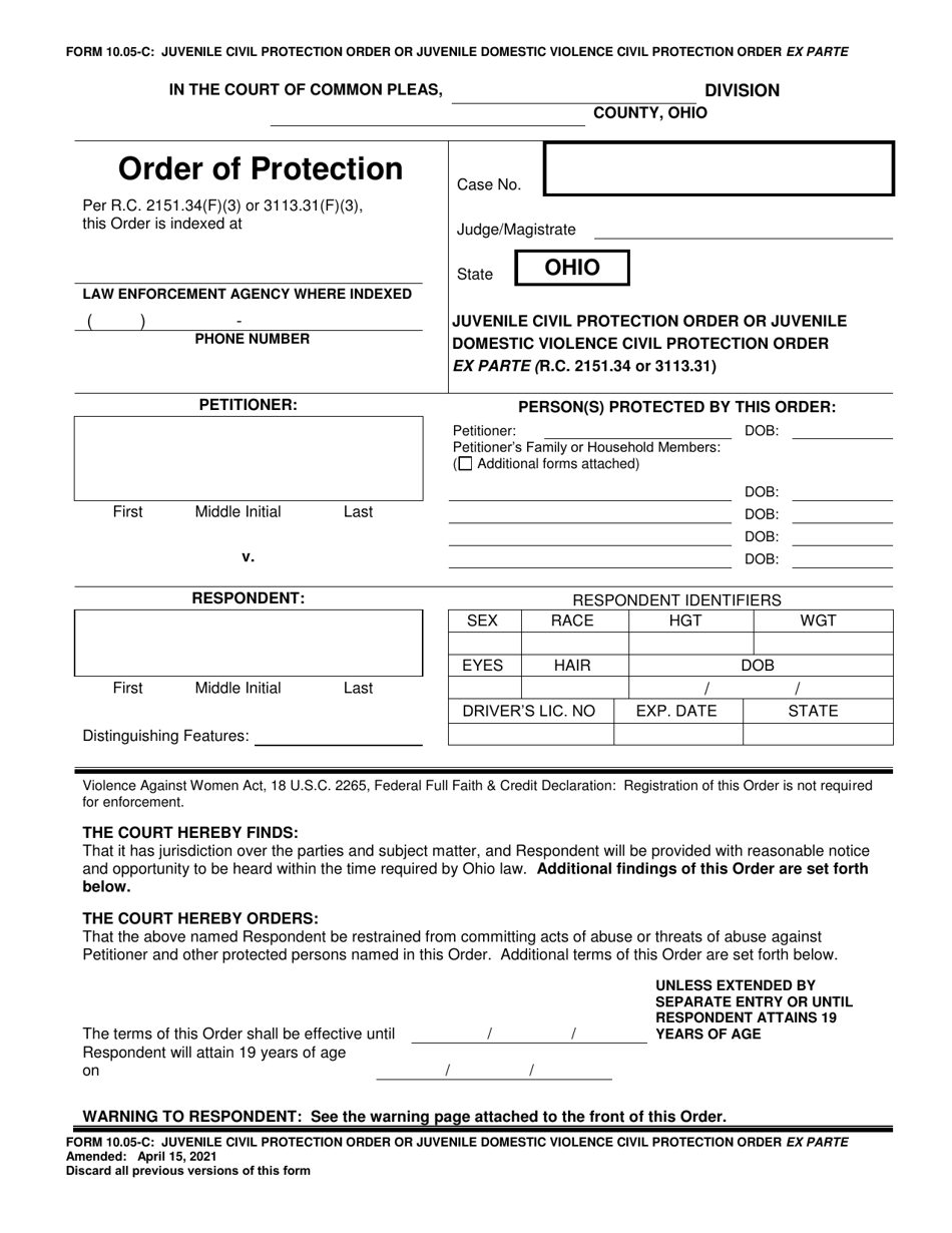Form 10.05-C Juvenile Civil Protection Order or Juvenile Domestic Violence Civil Protection Order Ex Parte - Ohio, Page 1