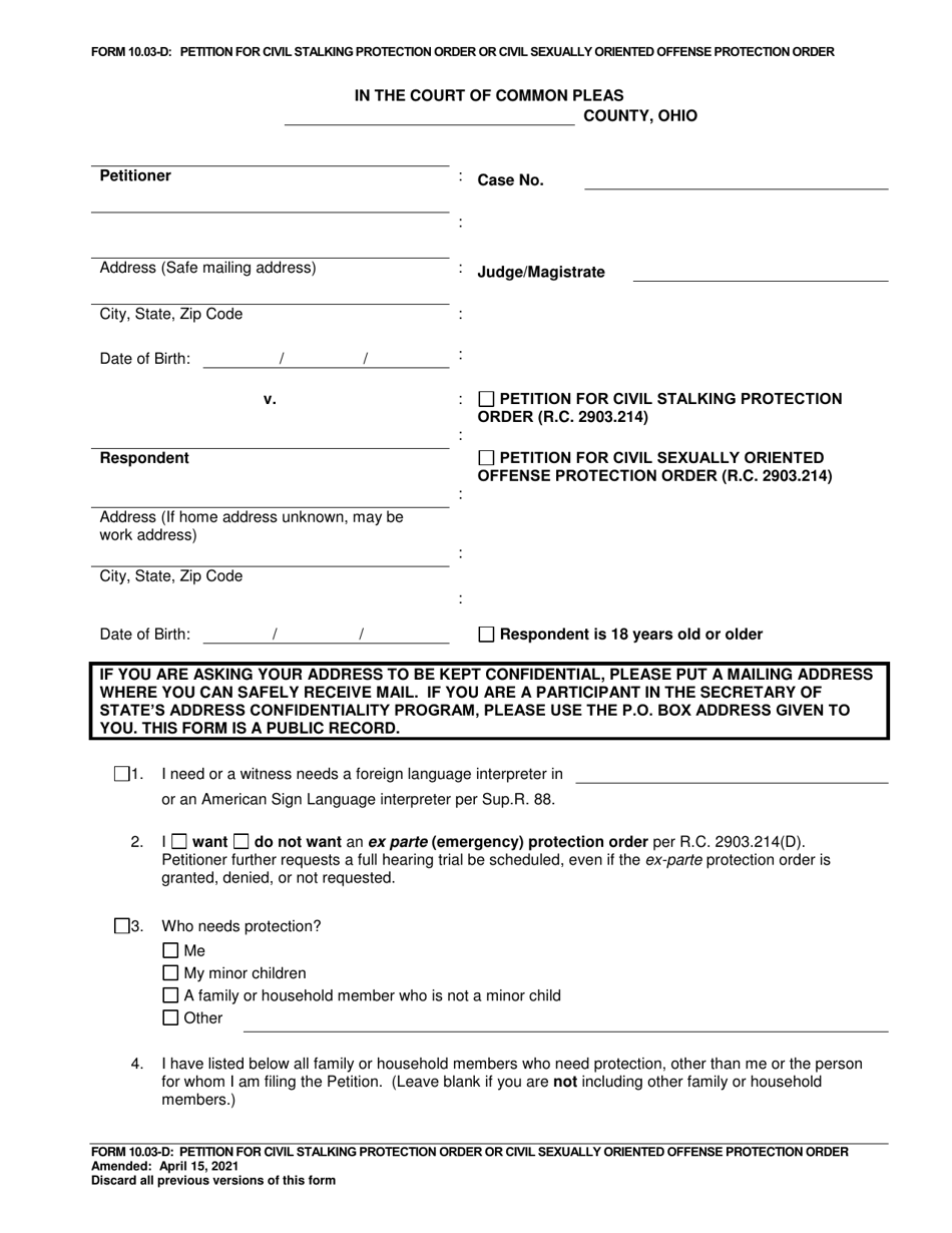 Form 10.03-D Petition for Civil Stalking Protection Order or Civil Sexually Oriented Offense Protection Order - Ohio, Page 1