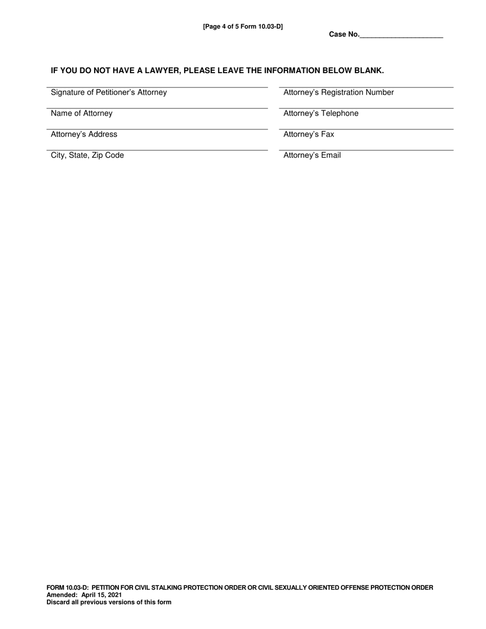 Form 10.03-D Petition for Civil Stalking Protection Order or Civil Sexually Oriented Offense Protection Order - Ohio, Page 4