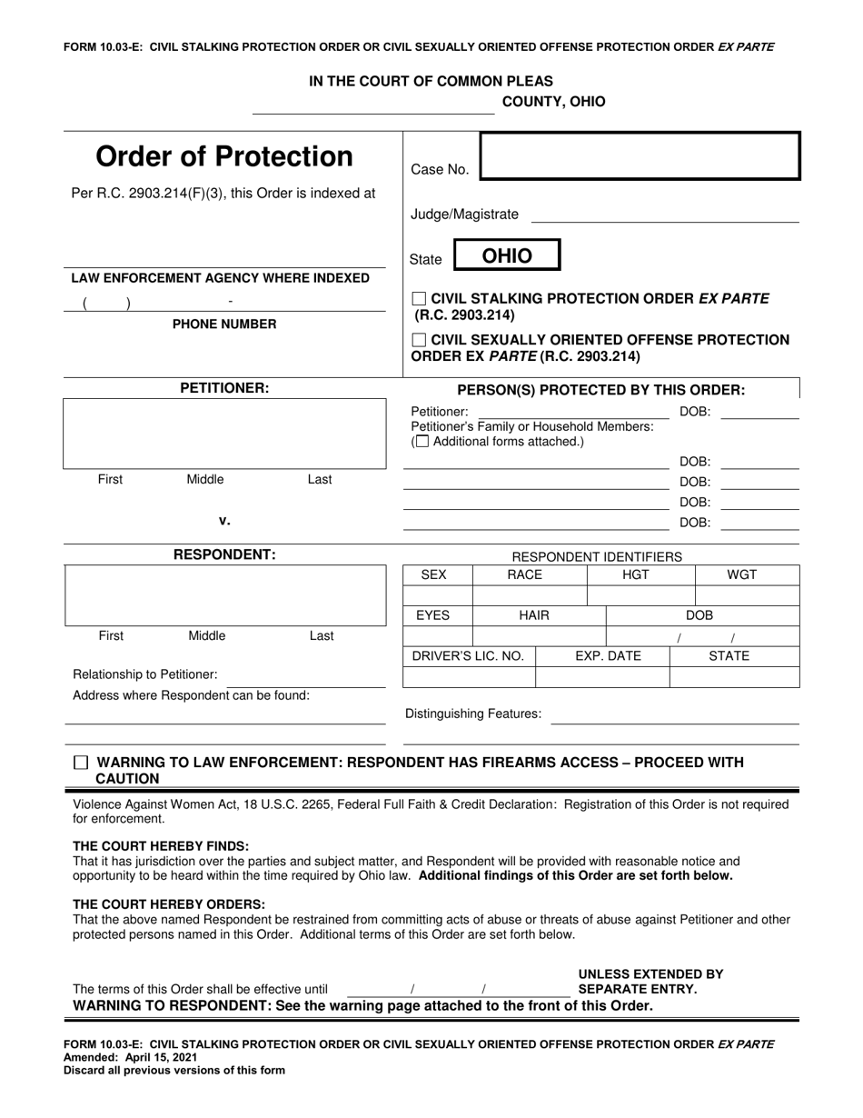 Form 10.03-E Civil Stalking Protection Order or Civil Sexually Oriented Offense Protection Order Ex Parte - Ohio, Page 1