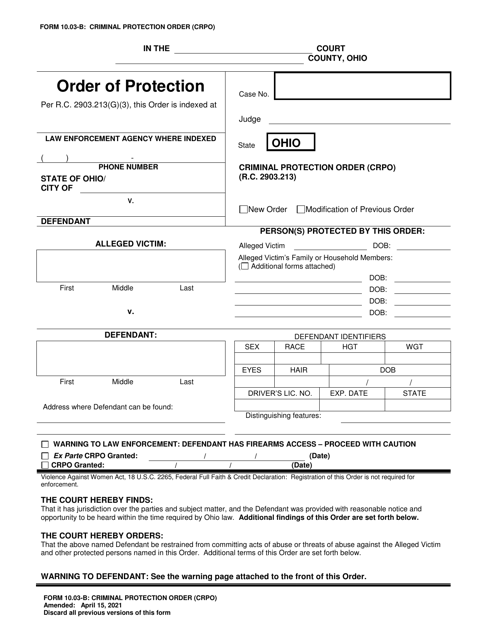 Form 10.03-B Criminal Protection Order (Crpo) - Ohio