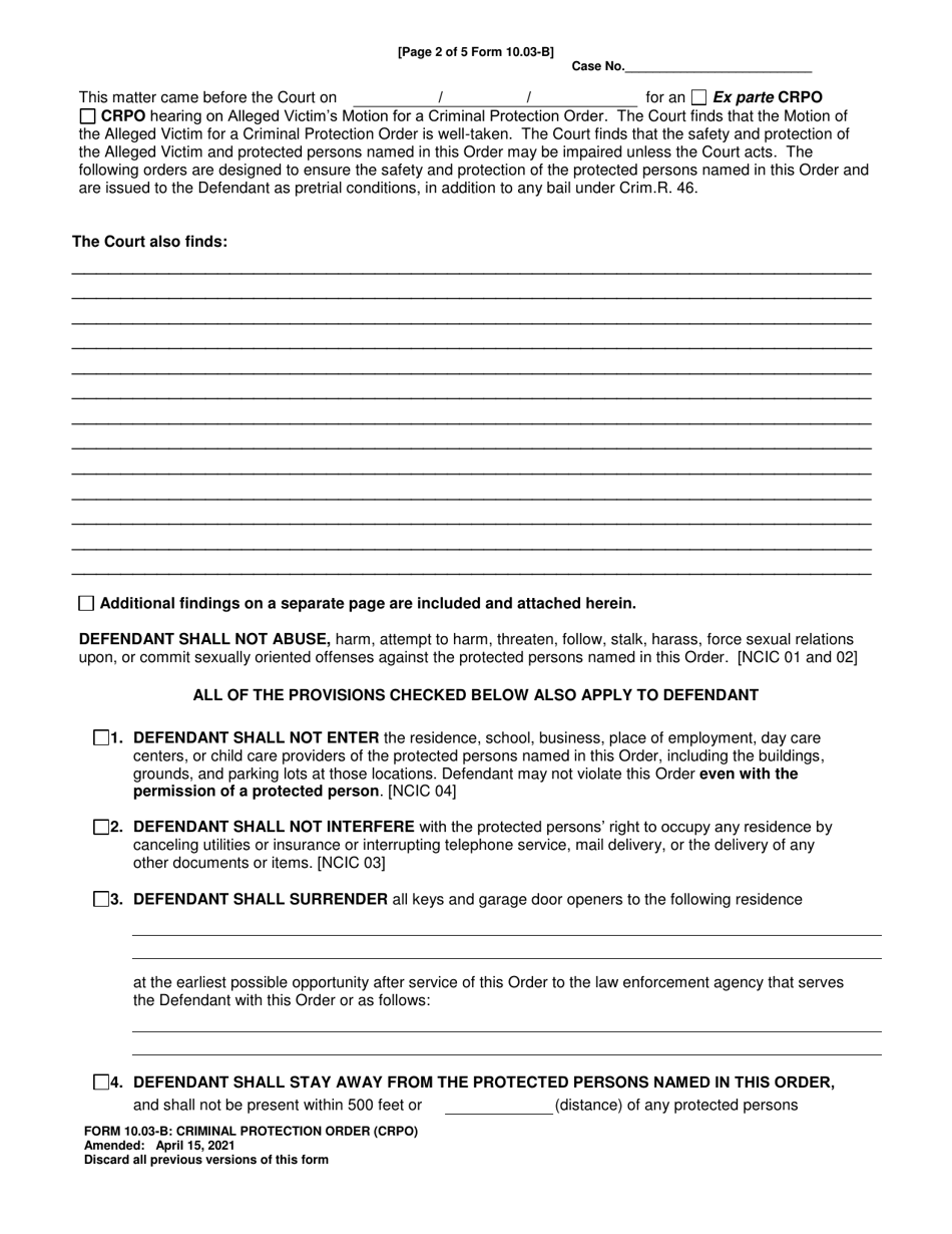 Form 10.03-B Criminal Protection Order (Crpo) - Ohio, Page 2