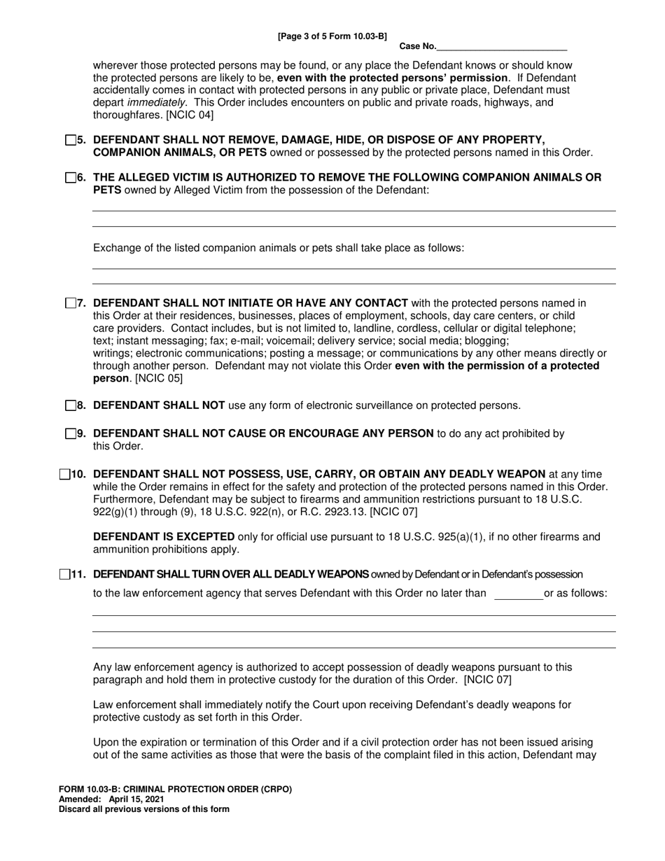 Form 10.03-B Criminal Protection Order (Crpo) - Ohio, Page 3