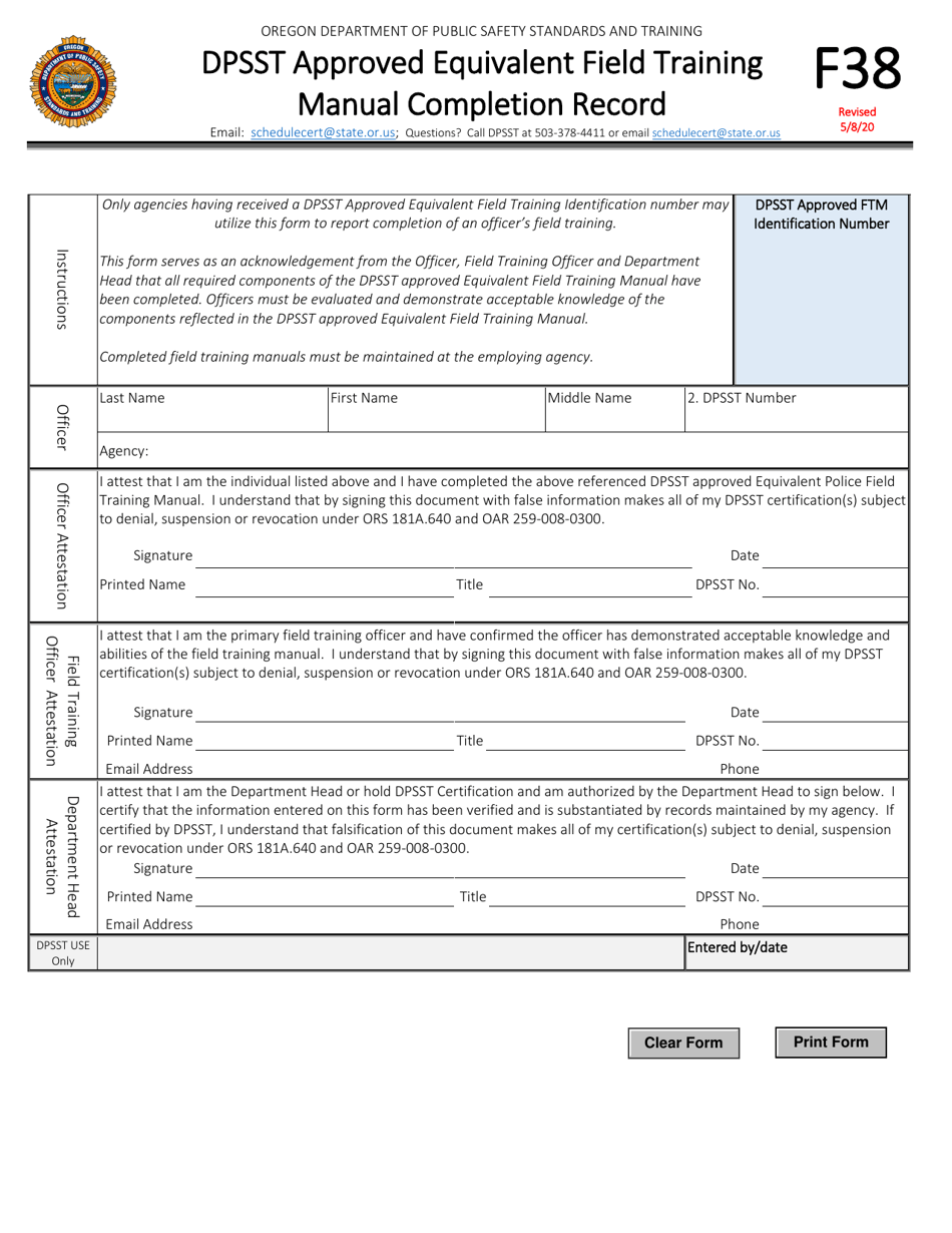 Form F38 Dpsst Approved Equivalent Field Training Manual Completion Record - Oregon, Page 1
