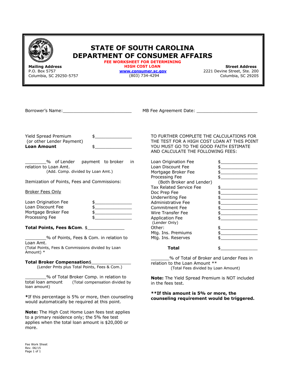 Fee Worksheet for Determining High Cost Loan - South Carolina, Page 1