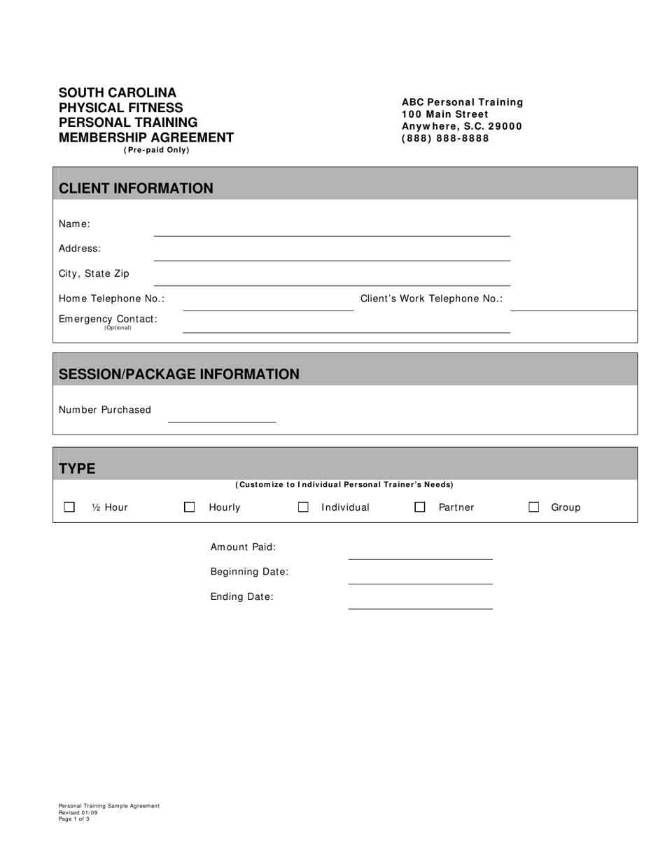 Sample Membership Agreement for Pre-paid Personal Training Contracts - South Carolina, Page 1