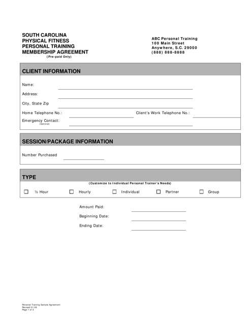 Sample Membership Agreement for Pre-paid Personal Training Contracts - South Carolina
